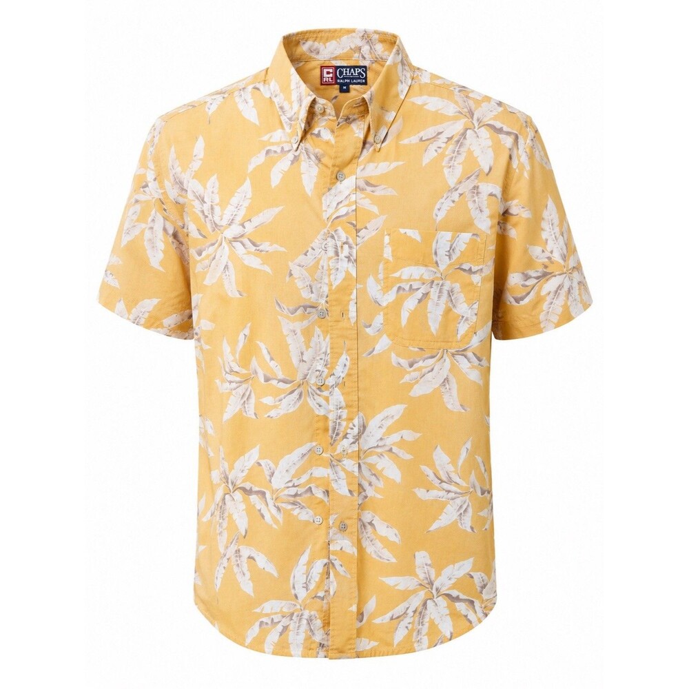 Chaps Ralph Lauren Mens Polo Shirt Medium Yellow Floral Tropical Hawaiian